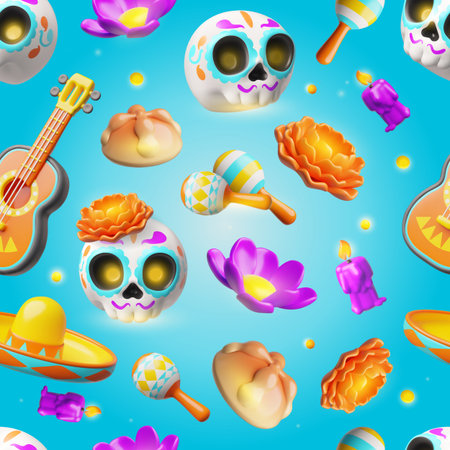 Mexican culture Dia de Los Muertos day symbols 3D vector seamless pattern design, Calavera painted sugar skull, marigoldのイラスト素材