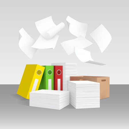 Office cardboard box, folders, stacks of paper, vector mess in paperwork, white papers flying, scattered file documentのイラスト素材