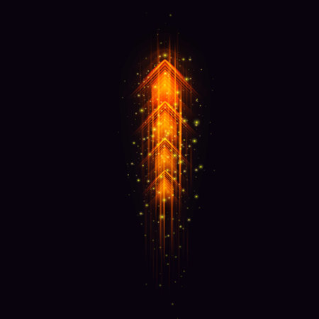 Neon speed arrow, orange, with glowing particles and dynamic light effect.のイラスト素材