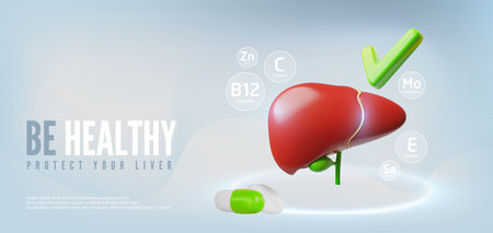 Be healthy protect your liver 3D realistic vector banner, hepatic system internal organ, green tick medicine tablet drugのイラスト素材