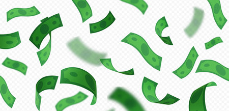 Flying dollar paper bills, curved shape, green color, wallpaper, transparent isolated background.のイラスト素材