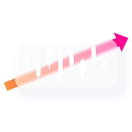 Candlestick chart graph with glassmorphism effect, vector blur button trading graphic on pink gradient growth arrowのイラスト素材