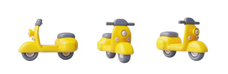 Yellow moped view from different angles 3D cartoon vector icons set, motorbike transport, toy, touristic travel vehicleのイラスト素材