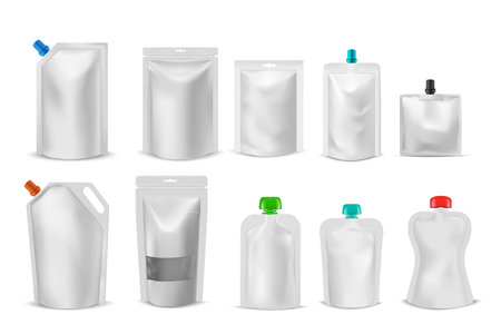 Set of blank doy pack mockups, different shapes, with closed zippers and colored lids with spouts.のイラスト素材