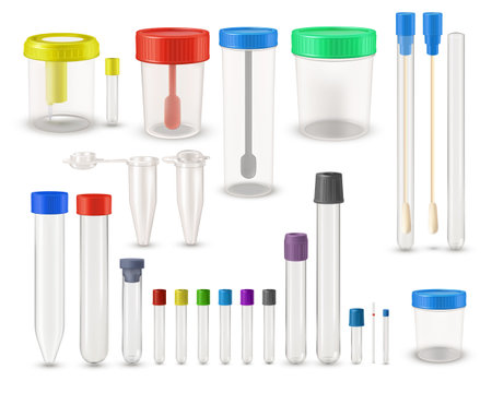Medical containers for assembling human biomaterial, vector realistic empty transparent test tubes laboratory analysisのイラスト素材