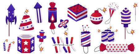 Set of firecrackers of different shapes, colors and symbols of the American flag.