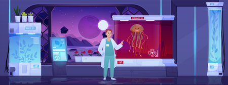 Space laboratory with scientist, creepy jellyfish in aquarium, under red light.のイラスト素材