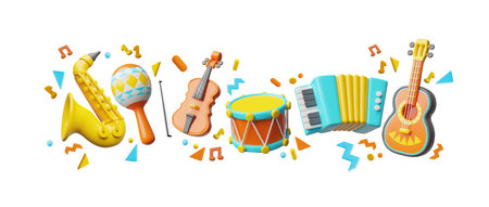Acoustic guitar, violin, accordion, drum, maracas and saxophone, vector 3D realistic music instruments, music festivalのイラスト素材