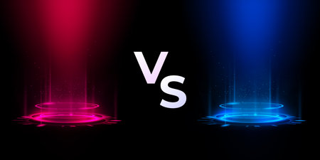 Red vs blue futuristic circle portal, vector magic round teleport with glow rays and sparks, energy ring with light auraのイラスト素材