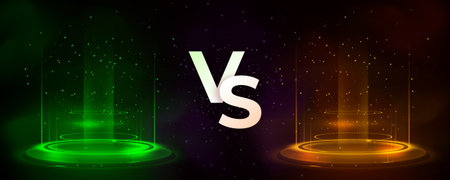 Green vs orange futuristic circle portal, vector magic round teleport with glow rays and sparks, energy light ringsのイラスト素材