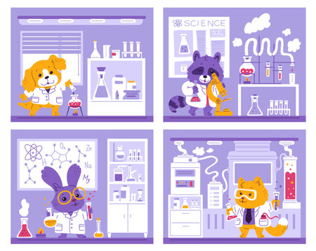 Vector illustration of a set with the image of cute animals-scientists in the laboratory.のイラスト素材