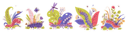 Cartoon caterpillars on floral background vector set, cute bug worm insect crawling doodle drawn with flowers and plantsのイラスト素材