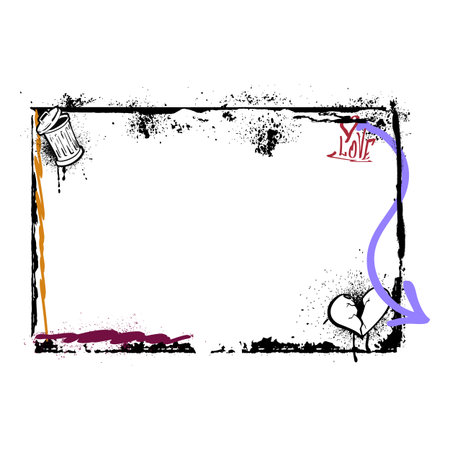 Spray painted horizontal vector border, graffiti broken heart, trash can and arrows with aerosol paint texture Love textのイラスト素材