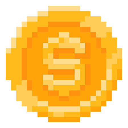 Dollar coin pixel art vector icon, retro 8 bit money cash, American currency exchange, finance, investment, banking signのイラスト素材
