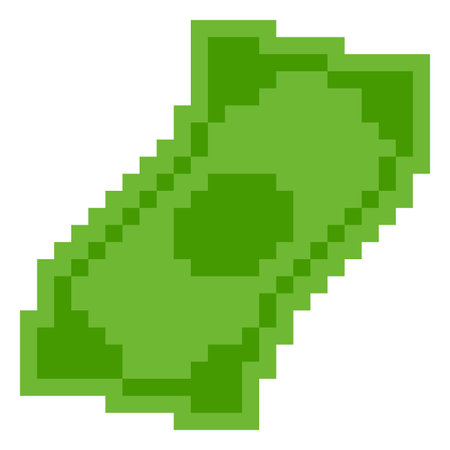 Dollar banknote falling pixel art, vector retro 8 bit videogame green paper bill fly, money cash, currency, bank paymentのイラスト素材