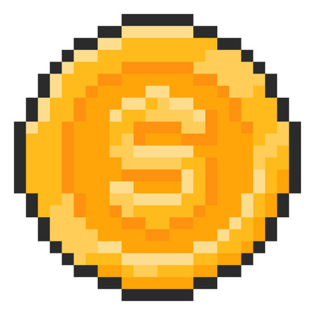 Gold coin with a dollar sign, front view, black outline, 8-bit pixelated video game icon.のイラスト素材