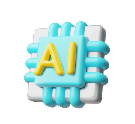 3D cartoon icon of an artificial intelligence chip, blue and yellow. Digital data, technology.のイラスト素材