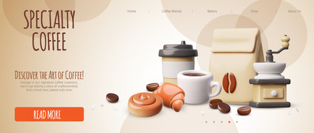 Specialty Coffee shop vector 3D landing page, coffee cup, paper bag, coffee grinder and sweet bakery takeaway productsのイラスト素材