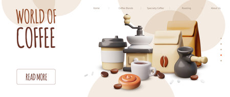 World of Coffee shop landing page advertising 3D vector design, cup with coffee, coffee grinder, turk and bakery productのイラスト素材