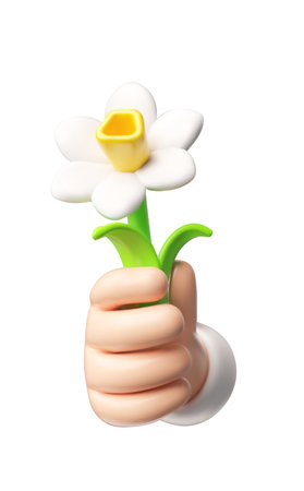 Realistic daffodil flower in hand 3D plastic style, vector cartoon beautiful spring blossom daisy plant with leaves giftのイラスト素材