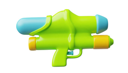 Water gun with refill water reservoir 3D cartoon vector, colorful game blaster kids spraying green weapon toy side viewのイラスト素材