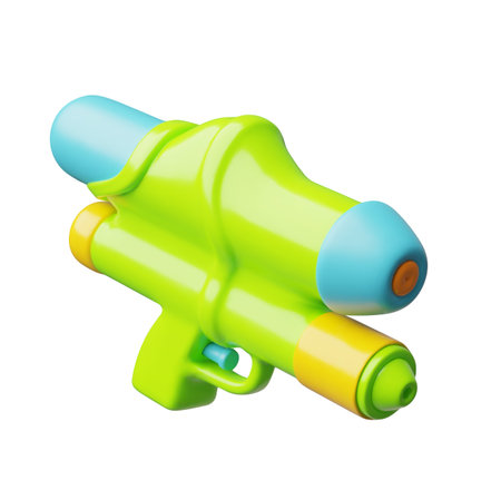Water gun with refill water reservoir 3D cartoon plastic style, vector green game blaster kids spraying weapon toyのイラスト素材