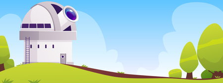 Daytime view of an observatory building with a dome, telescope, green trees, road, and blue sky.のイラスト素材