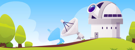 Panoramic view of an observatory building with a dome, telescope, and antenna, among green trees.のイラスト素材