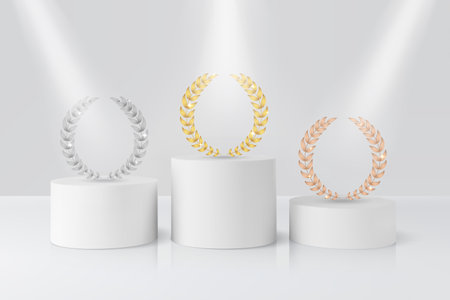 3D cylindrical podiums, white, various lengths, with laurel wreaths, gold, silver, and copper.のイラスト素材