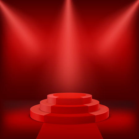 3D red stepped podium with a path, round shape, spotlights, realistic vector.のイラスト素材