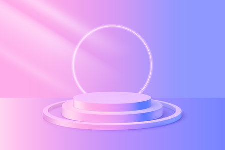 Purple gradient round podium stand with spotlight, 3D pedestal, platform for product presentation vector backgroundのイラスト素材