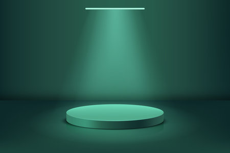 Green round podium stand with spotlight, 3D pedestal, vector minimalistic background, platform for product presentationのイラスト素材