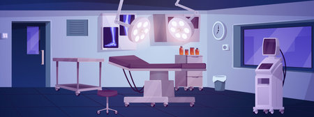 Modern operating room interior with a surgical table, lamps, and medical equipment.のイラスト素材