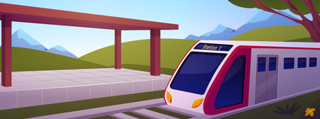 A train arrives at an open platform against a backdrop of a green meadow, trees, and mountains.のイラスト素材