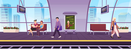 An enclosed railway station with tracks, panoramic windows, and characters.のイラスト素材