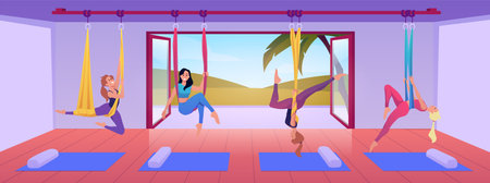 Yoga studio with women practicing yoga on the hanging rope vector flat illustration, aerial pilates, healthy lifestyleのイラスト素材