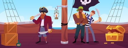 Wooden ship deck with pirates, a mast with a black flag featuring a skull, crates, and treasure.のイラスト素材