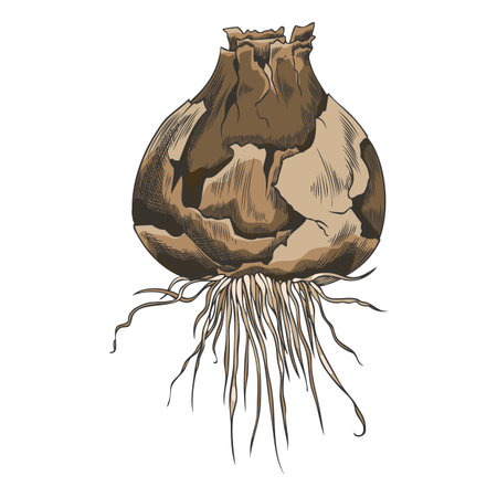 Bulb of hyacinth flower with shell and roots vector sketch, hand drawn brown spring blossom plant tuber botanical designのイラスト素材