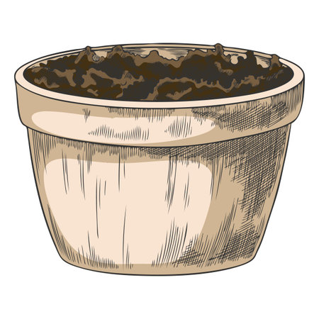 Clay pot with soil for house plants sketch vector icon, hand drawn flowerpot, round vase, Beige ceramic garden containerのイラスト素材