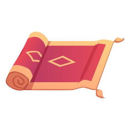 Persian carpet, red, rectangular, with a diamond pattern and golden tassels, rolled up.のイラスト素材