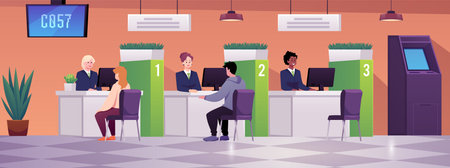 Bank office interior with characters sitting at staff desks, information board, and flowers.のイラスト素材