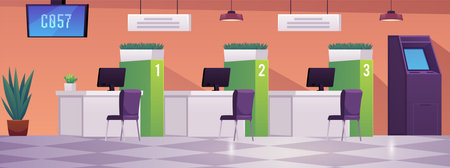 Bank office interior with ATM, automated teller machine, queue scoreboard, vector reception and customer service deskのイラスト素材