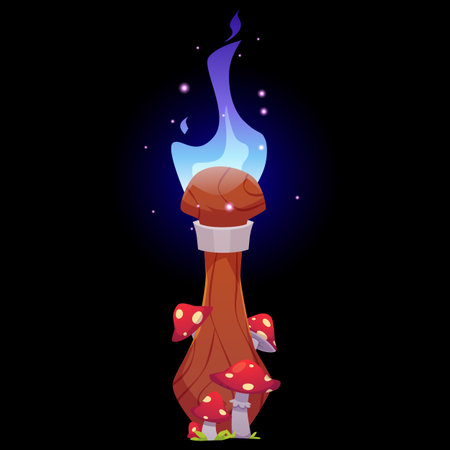 Magic torch with blue burning fire and fly agaric mushrooms, cartoon vector game fairy medieval flambeau on wooden stickのイラスト素材