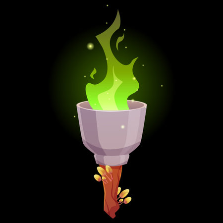 Magic torch with green burning fire and alien mushrooms, cartoon vector game medieval flambeau fire stone, wooden stickのイラスト素材