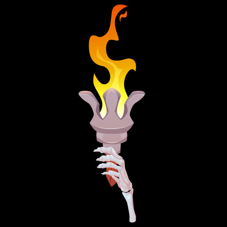 Medieval wooden torch with burning fire in skeleton hand, vector cartoon game creepy ancient flambeau, Halloween corpseのイラスト素材
