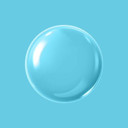 Realistic 3D glass ball with glares and highlight effect, vector glossy transparent volume glass sphere isolated on blueのイラスト素材