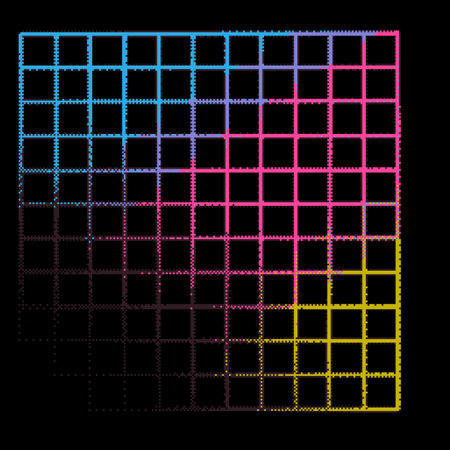 Abstract pixel blue, pink and yellow gradient squared grid pattern, wireframe, linear chessboard on black backgroundのイラスト素材
