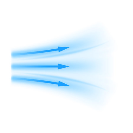 Air flow, blue arrows showing wind direction of air movement, vector cold fresh stream dynamic blurred air flow movementのイラスト素材