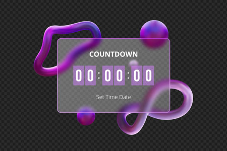 3D timer on a glass panel with volumetric, flowing purple shapes and morphism.のイラスト素材