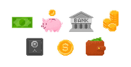 Pixel money icons, bank, piggy bank, safe, wallet, and bills, 8-bit style.のイラスト素材